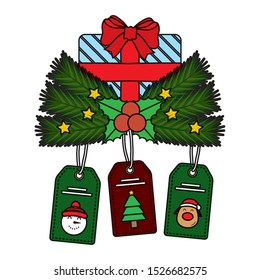 christmas gift box with tags of snowman and tree hanging vector illustration design