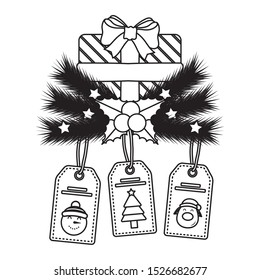 christmas gift box with tags of snowman and tree hanging vector illustration design