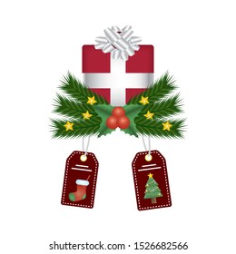 christmas gift box with tags of sock and pine tree hanging vector illustration design