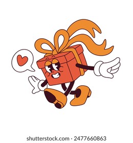 Christmas gift box tied with ribbon bow in groovy style. Funky birthday present in package of wrapping paper. Surprise giftbox character walks. Flat isolated vector illustration on white background