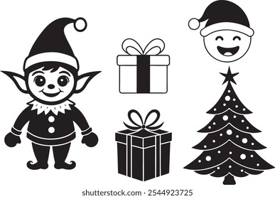 Caixa de presente de Natal, árvore de Natal, ícone de Natal alegre definir silhueta vetor ilustração