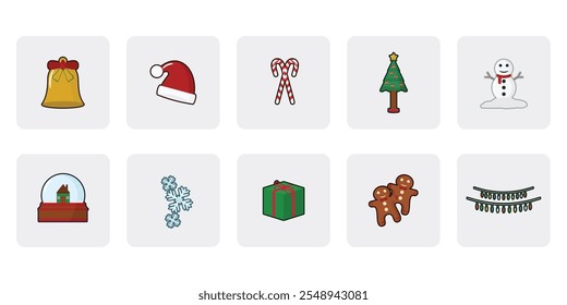 Christmas, gift box, Christmas tree, Merry Christmas, Santa hat, Snowman, Ginger Cake - Holiday Vector Icon Pack