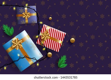 Christmas gift box, tree and ribbon falling on background. Vector illustration design.