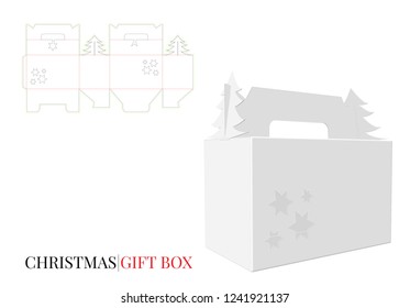 Christmas Gift Box with Christmas trees with Handle, Vector with die cut, laser cut layers. Gift Box mock up white, blank, clear, isolated on white background with perspective view. 3D presentation