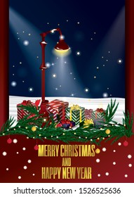 Christmas gift box under red street lamp flyer banner. Winter New Year presents and fir branches on dark red background. Vector art illustration