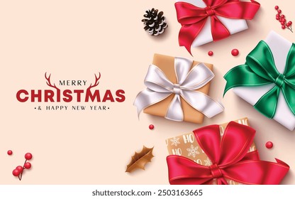 Christmas gift box vector design. Merry christmas and happy new year greeting text with gift boxes and colorful ribbon elements in elegant background. Vector illustration seasonal greeting card design