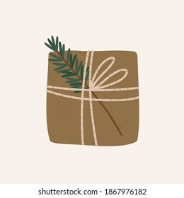 Weihnachtsgeschenkbox-Vektorgrafik. Öko-Papier-Box mit Zweig. Flacher Cartoon, Vektorgrafik. Einzeln auf weißem Hintergrund. 