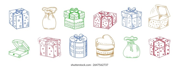 Vector de caja de regalo de Navidad. Doodle dibujado a mano presente con cinta festiva y arco. Linda ilustración de dibujos animados para la celebración de vacaciones y embalaje de fiesta. Diseño de envoltura alegre con Elementos decorativos
