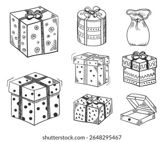 Christmas gift box vector. Hand drawn doodle present with festive ribbon and bow. Cute cartoon illustration for holiday celebration and party packaging. Joyful wrapping design with decorative elements