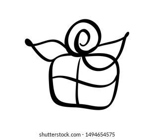 Christmas gift box vector icon silhouette. Simple gift contour symbol. Isolated on white web sign kit of stylized spruce. Handdraw flourish picture