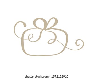 Christmas gift box vector icon silhouette. Simple gift contour symbol. Isolated on white web sign kit of stylized spruce. Handdraw flourish picture