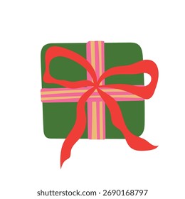 Christmas gift box vector illustration. Green square present with striped ribbon bow isolated on white background. Festive design for xmas decor, birthday celebration, party in flat hand drawn style