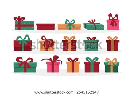 Christmas gift box vector with ribbon and festive decoration. Perfect for holiday cards, winter sale banners, wrapping design, seasonal greeting graphics, and celebration illustrations.