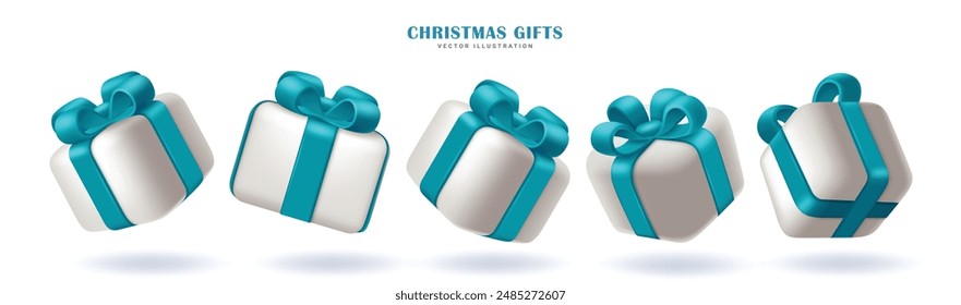 Christmas gift box vector set design. Gift box elements in white box and blue ribbon for christmas holiday season ornaments in white isolated background. Vector illustration 3d gifts collection design