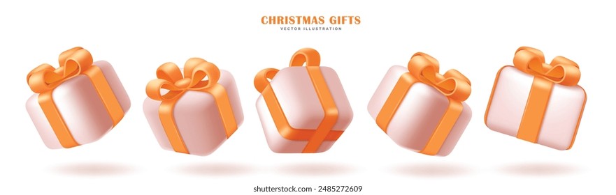 Christmas gift box vector set design. Christmas gift box elements in white box and orange ribbon for holiday season present surprise in isolated background. Vector illustration 3d gifts collection 