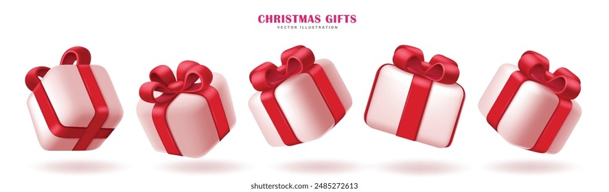 Christmas gift box vector set design. Christmas gift boxes in color pink and red ribbon elements for holiday season present surprise in white isolated background. Vector illustration 3d gifts 