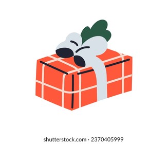 Christmas gift box wrapped in checkered paper wrapping. Xmas present in festive package decorated with ribbon, bow, fir branch for winter holiday. Flat vector illustration isolated on white background