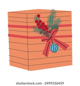 Christmas gift box wrapped in checkered paper wrapping. Xmas present in festive package decorated with ribbon, bow, fir branch for winter holiday. Flat vector illustration isolated on white background