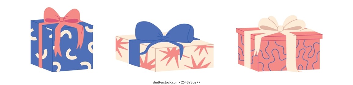 Christmas gift box wrapped in decorative paper with bow and ribbon. For holiday and birthday presents. Flat vector illustration isolated on white background.