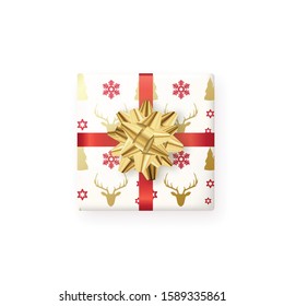 Christmas gift box wrapped in paper and decorative realistic golden bow. Scandinavian pattern design. Vector New year holiday gift presents top view.