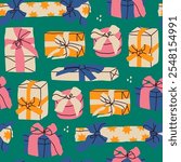 Christmas gift box, wrapped present box with ribbon set. Hand drawn modern Vector illustration. Party decoration, present, postcard, New Year celebration, invitation concept. Square seamless Pattern