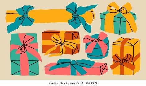 Christmas gift box, wrapped present box with ribbon set. Hand drawn modern Vector illustration. Isolated design elements. Party decoration, present, postcard, New Year celebration, invitation concept