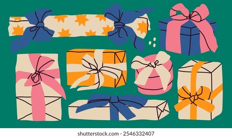 Caja de regalo de Navidad, caja de regalo envuelta con cinta. Ilustración vectorial moderna dibujada a mano. Elementos de diseño aislados. Decoración del partido, presente, postal, celebración del año Nuevo, concepto de la invitación