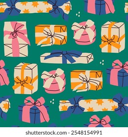 Christmas gift box, wrapped present box with ribbon set. Hand drawn modern Vector illustration. Party decoration, present, postcard, New Year celebration, invitation concept. Square seamless Pattern