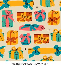 Christmas gift box, wrapped present box with ribbon set. Hand drawn modern Vector illustration. Party decoration, present, postcard, New Year celebration, invitation concept. Square seamless Pattern