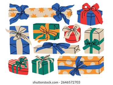 Christmas gift box, wrapped present box with ribbon set. Hand drawn modern flat illustration in retro cartoon. Party decoration, present, postcard, New Year celebration, Birthday, invitation concept.