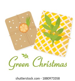 Christmas gift box wrapped with rope decorated oranges, pine leaves on white background. Top view. Vector illustration.