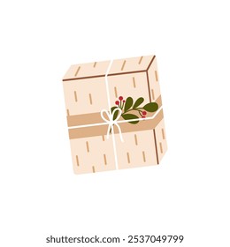 Clipart de caja de regalo de Navidad.  Cajas rústicas de regalo de bricolaje en envolturas artesanales con arco de hilo y rama.	