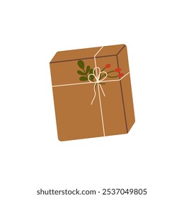 Clipart de caja de regalo de Navidad.  Cajas rústicas de regalo de bricolaje en envolturas artesanales con arco de hilo y rama.