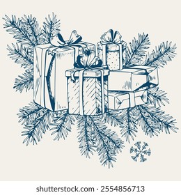 Christmas gift boxes arranged on fir branches. Hand drawn vector illustration.