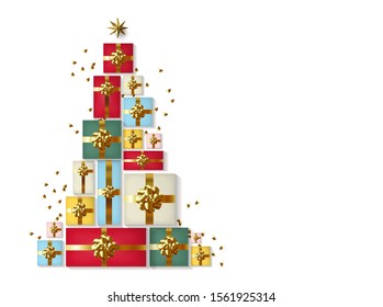 Christmas gift boxes arrangement banner. Xmas box laid out in the shape of a Christmas tree. Top view horizontal poster with copy space. Flat lay greeting card. vector illustration