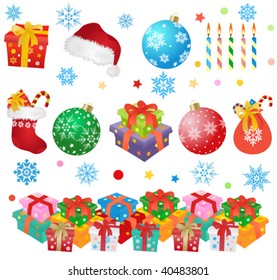 christmas gift boxes, balls, candles, sock, santa hat