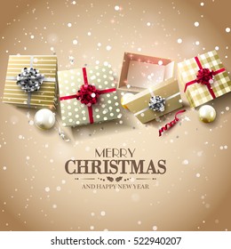 Cajas de regalo de Navidad y baubles con fondo dorado - Tarjeta de felicitación navideña de lujo