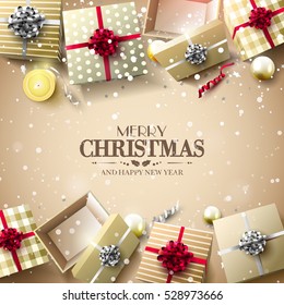 Christmas gift boxes and baubles on gold background - Luxury Christmas greeting card