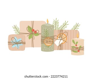 Christmas gift boxes with berries, candles and branches of fir tree. Flat cartoon style.