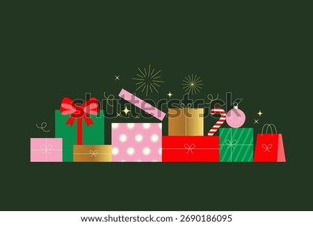 Christmas gift boxes. Gift bow. New year and Christmas presents. Geometic style