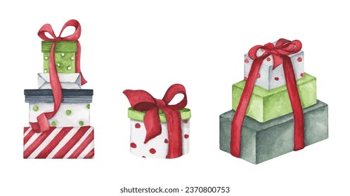 Christmas gift boxes with bows, Present box set. For design, print or background. Gift winter Merry Christmas and Happy New Year, Birthday watercolor illustration.