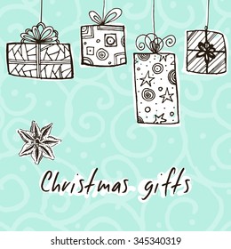 Christmas Gift Boxes card. Hand drawn vector illustration. Christmas gifts.