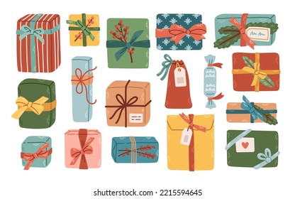 Christmas gift boxes clipart set. Cozy winter illustration. Present stickers set in flat style. Vector