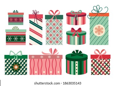 Christmas gift boxes collection with different elements isolated on white, seasonal design