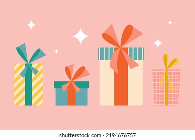 Cajas de regalo de Navidad con una linda cinta roja. Las navidades tradicionales presentan decoraciones y adornos sencillos. Ilustración plana para el diseño gráfico de vacaciones de invierno.