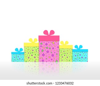 Christmas gift boxes decorated by stars and moons pattern. Present packages on glossy white background. Isolated objects. Decoration elements. Stickers. Vector illustration.