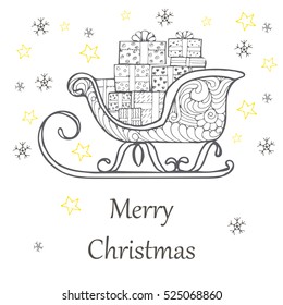 Christmas gift boxes decorated in a sleigh. Doodle illustration.