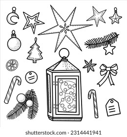 Christmas gift boxes decorated with spruce branches, balls.Oorange slice, stars, winter  christmas decorations. Vector illustration.
