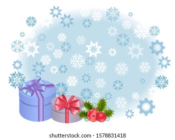 Christmas gift boxes, decorations and snow flakes on blue background. Happy New Year card, frame, banner. Vector.