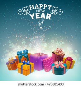 Christmas gift boxes design with decorative title and pile of cardboard packages on snow vector illustration